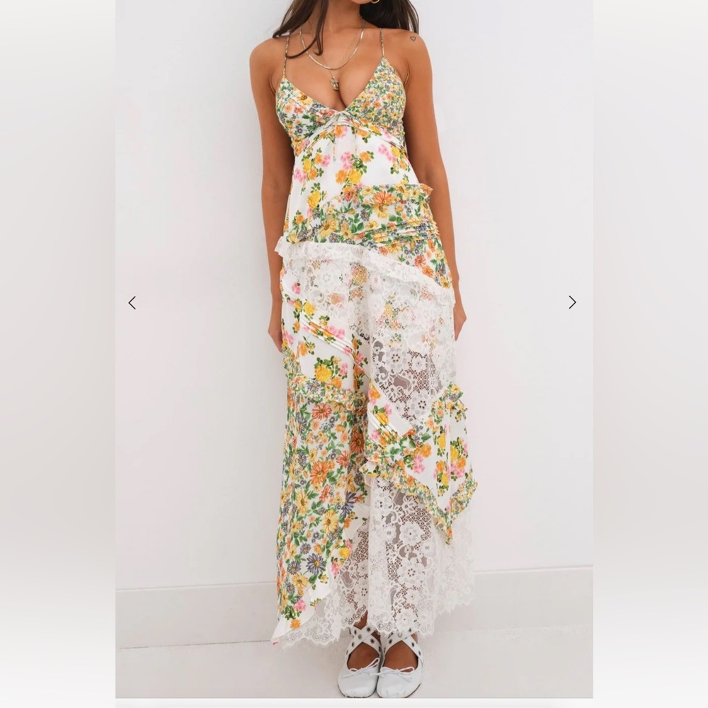 For Love And Lemons Floral Ruffle Midi Dress
